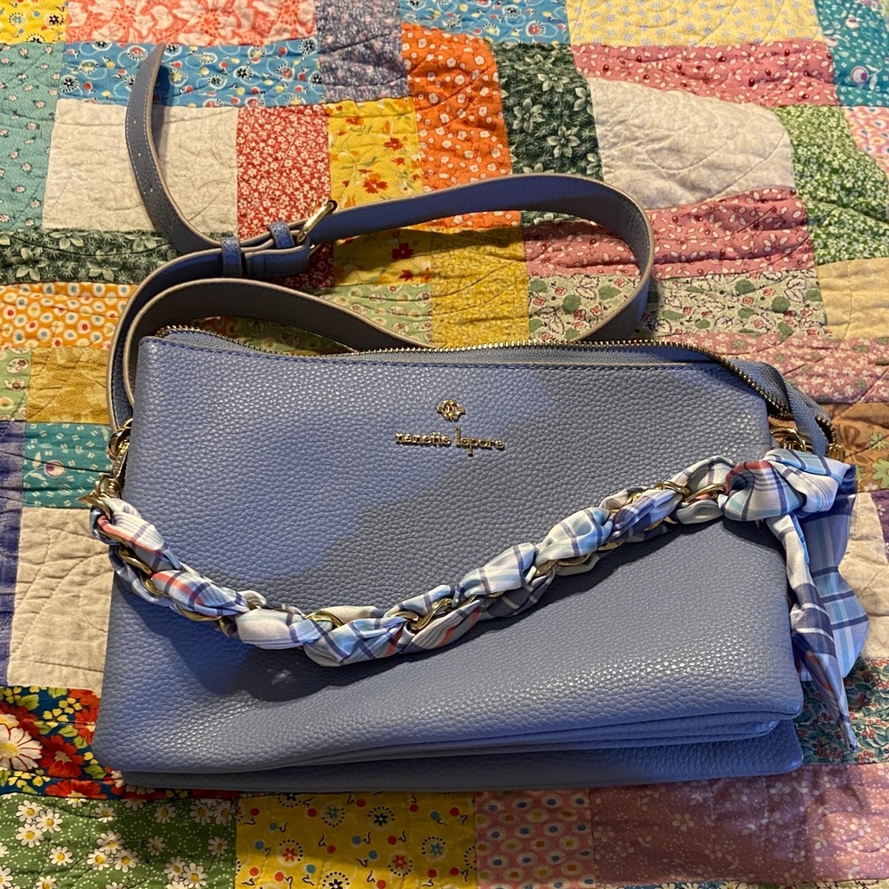 Nanette Lepore Periwinkle Blue Leather Crossbody with Braided Scarf Accent